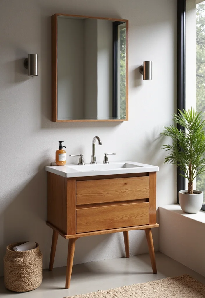 14 Mid Century Bathroom Vanity Ideas With Retro Cool - 5. Minimalist Metal Accents