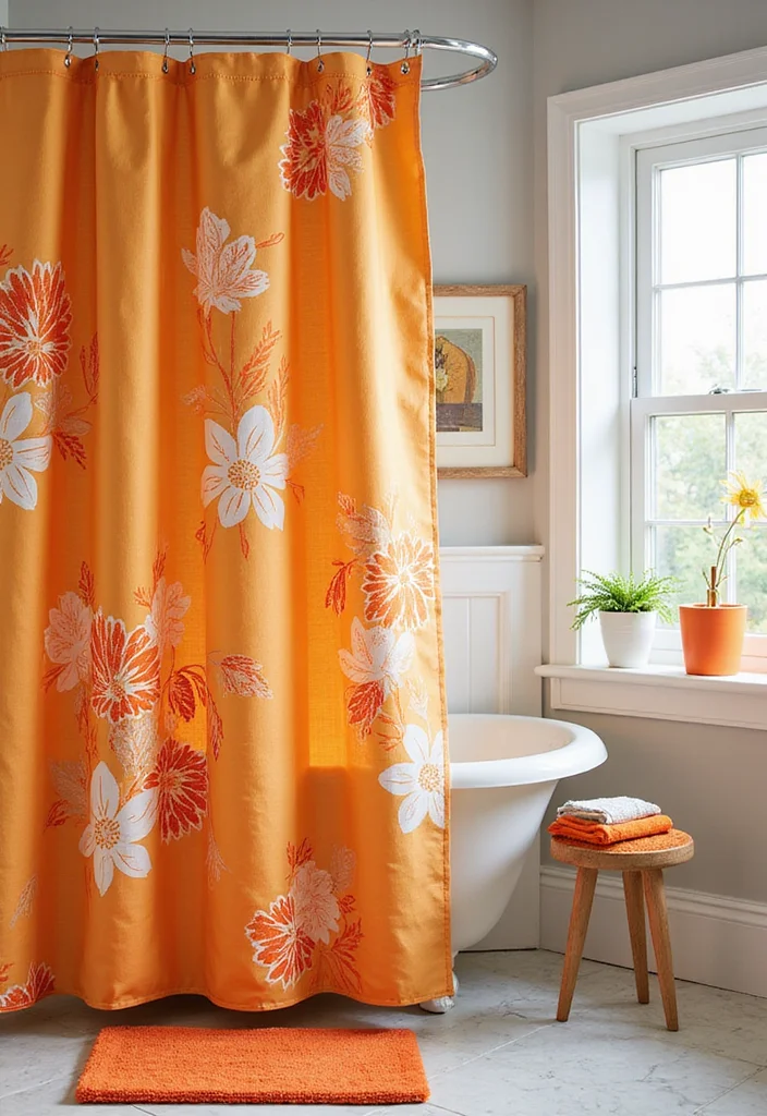 14 Orange Bathroom Decor Ideas With Bright Cheer - 1. Cheerful Orange Shower Curtain
