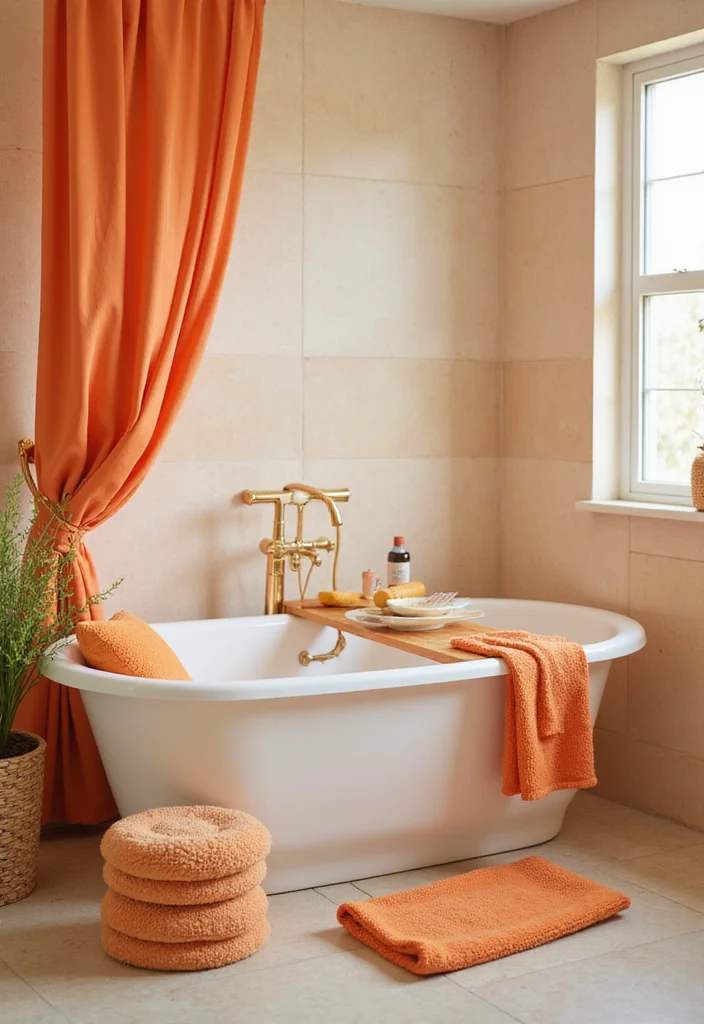 14 Orange Bathroom Decor Ideas With Bright Cheer - 11. Orange Bathtub Accessories