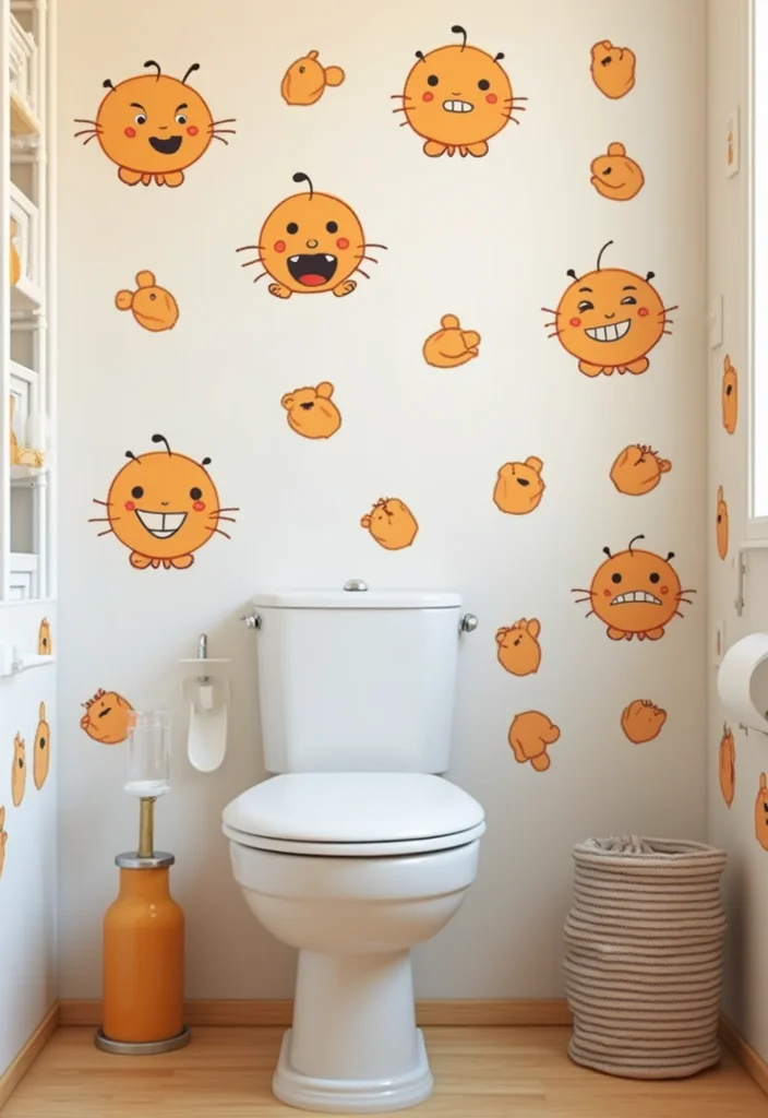 14 Orange Bathroom Decor Ideas With Bright Cheer - 12. Fun Orange Bathroom Wall Stickers