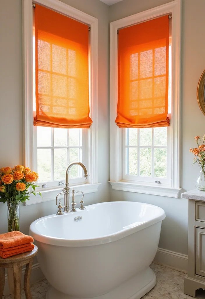 14 Orange Bathroom Decor Ideas With Bright Cheer - 13. Bright Orange Window Treatments
