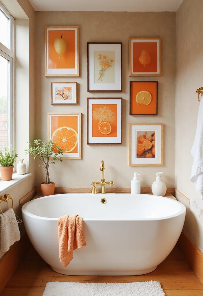 14 Orange Bathroom Decor Ideas With Bright Cheer - 2. Vibrant Orange Wall Art