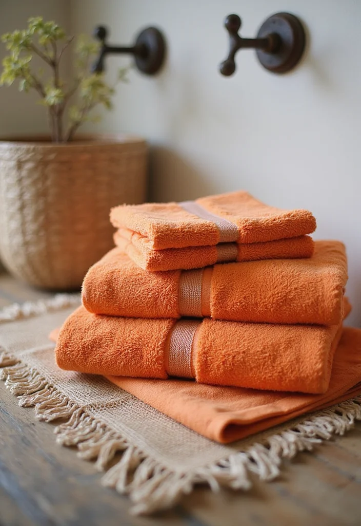 14 Orange Bathroom Decor Ideas With Bright Cheer - 3. Orange Accented Towels