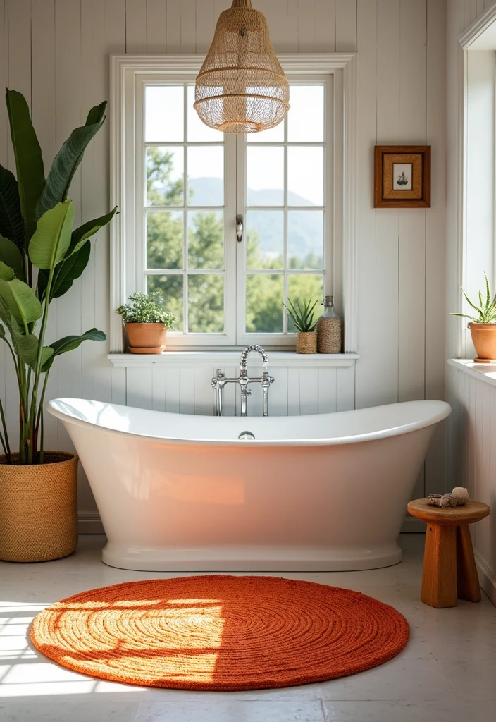 14 Orange Bathroom Decor Ideas With Bright Cheer - 4. Bohemian Orange Rugs