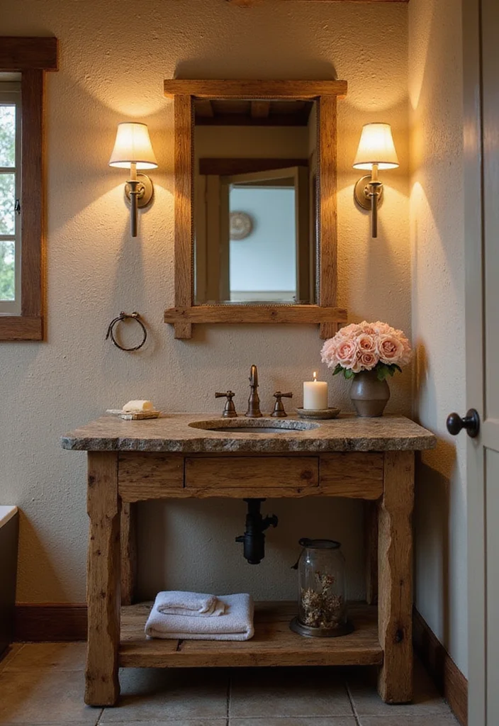 14 Rustic Bathroom Vanity Ideas With Cozy Charm - 11. Rustic Vanity with Natural Stone Top