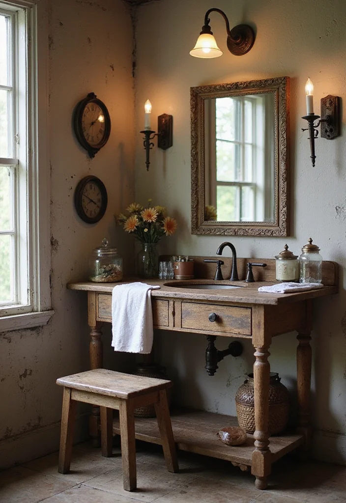 14 Rustic Bathroom Vanity Ideas With Cozy Charm - 13. Rustic Vanity with Vintage Accessories