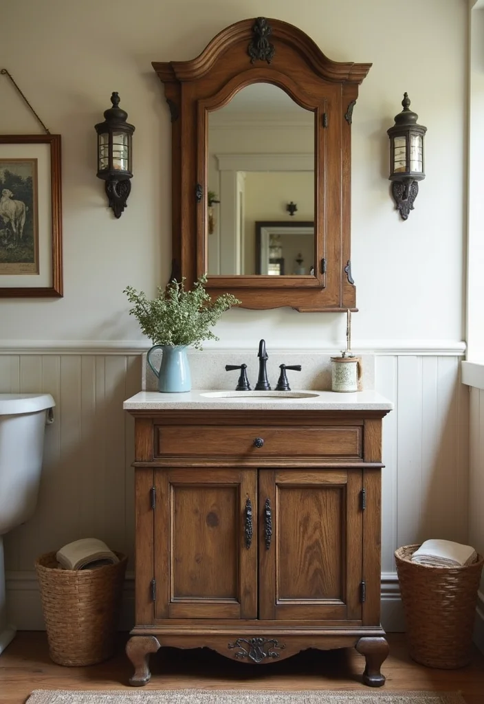 14 Rustic Bathroom Vanity Ideas With Cozy Charm - 3. Vintage Medicine Cabinet with a Wood Vanity