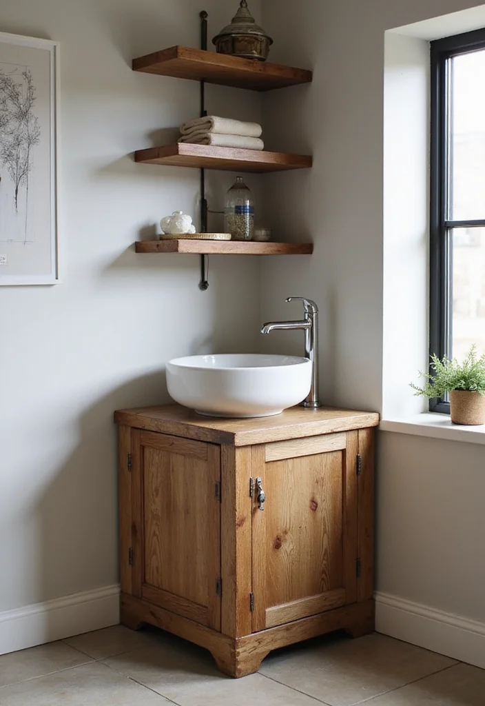 14 Rustic Bathroom Vanity Ideas With Cozy Charm - 6. Corner Vanity for Small Spaces