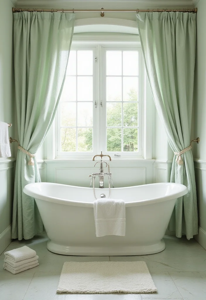 14 Sage Bathroom Ideas With Peaceful Tones - 11. Light and Airy Fabrics