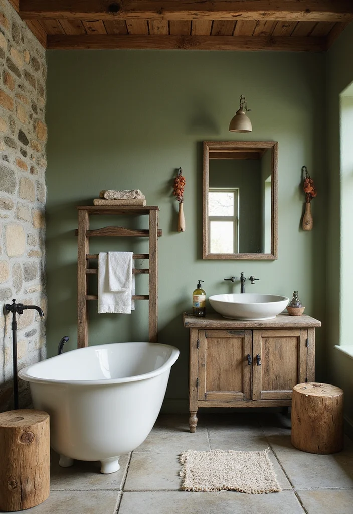 14 Sage Bathroom Ideas With Peaceful Tones - 4. Rustic Sage Features