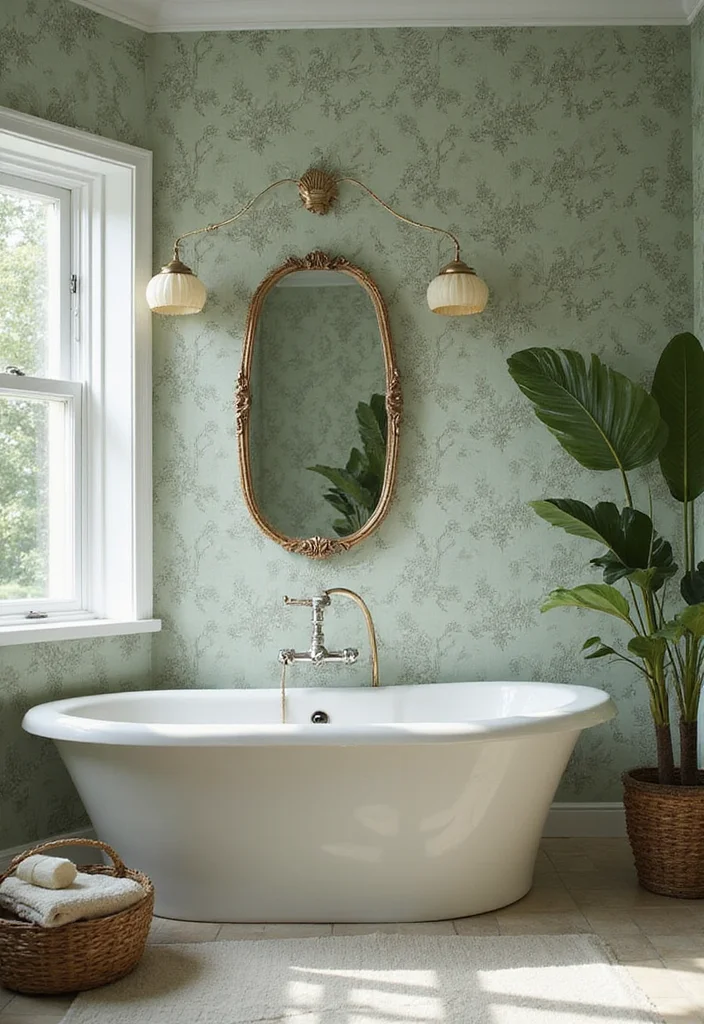 14 Sage Bathroom Ideas With Peaceful Tones - 9. Sage Wallpaper
