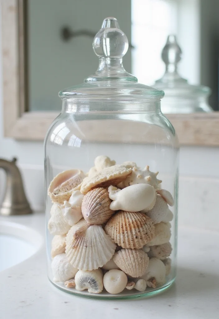 14 Seashell Bathroom Decor Ideas For Coastal Style - 14. Seashell-Filled Glass Apothecary Jars