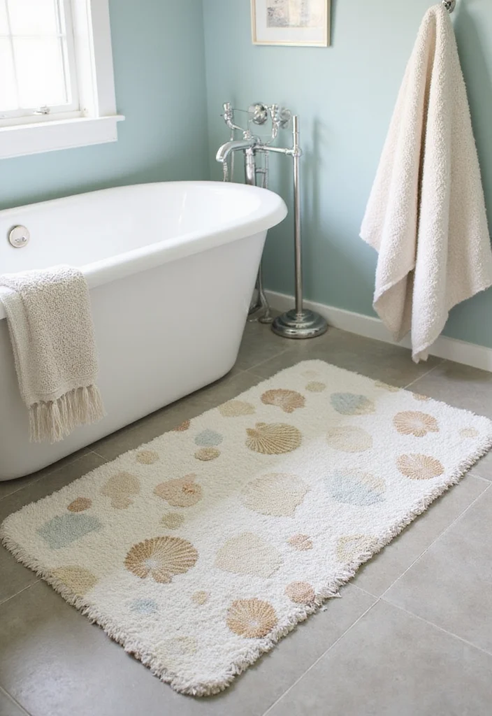 14 Seashell Bathroom Decor Ideas For Coastal Style - 4. Seashell Accents on Towels and Rugs