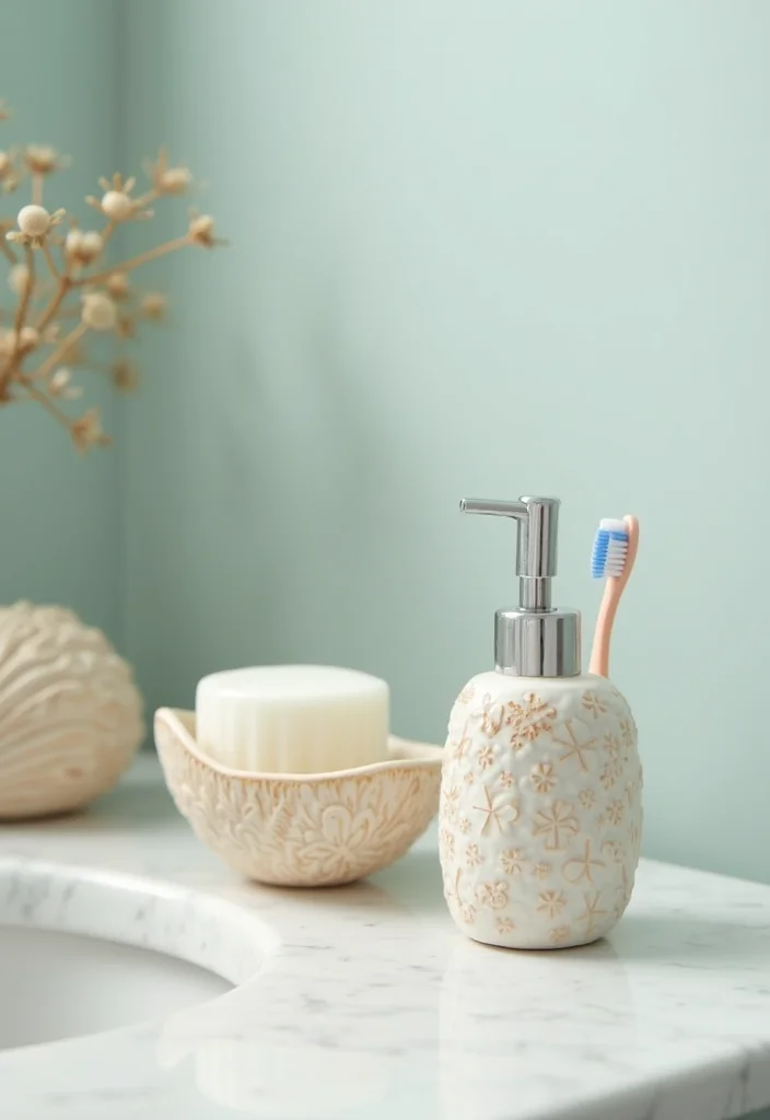14 Seashell Bathroom Decor Ideas For Coastal Style - 5. Seashell Soap Dispenser and Toothbrush Holder