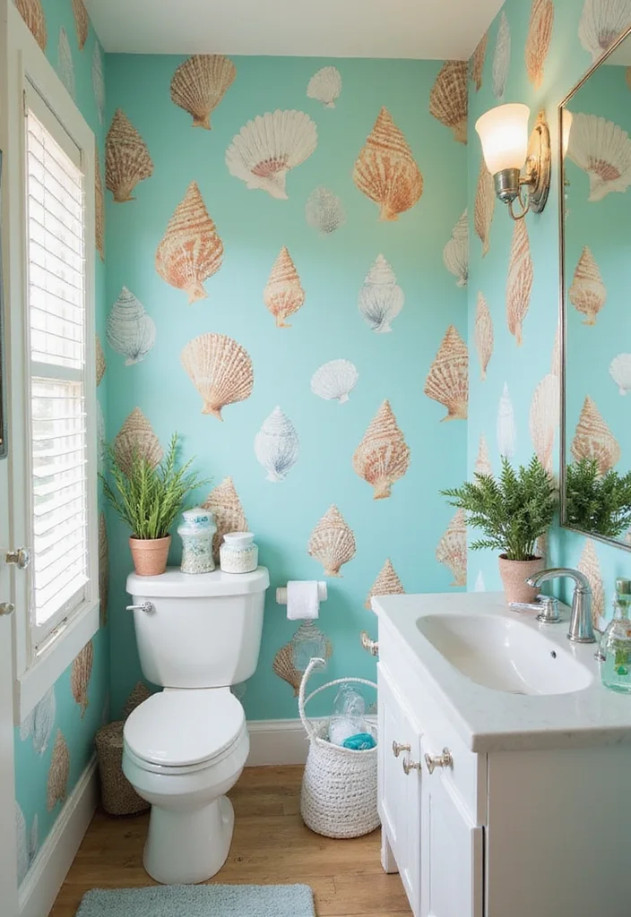 14 Seashell Bathroom Decor Ideas For Coastal Style - 9. Beach-Themed Wallpaper