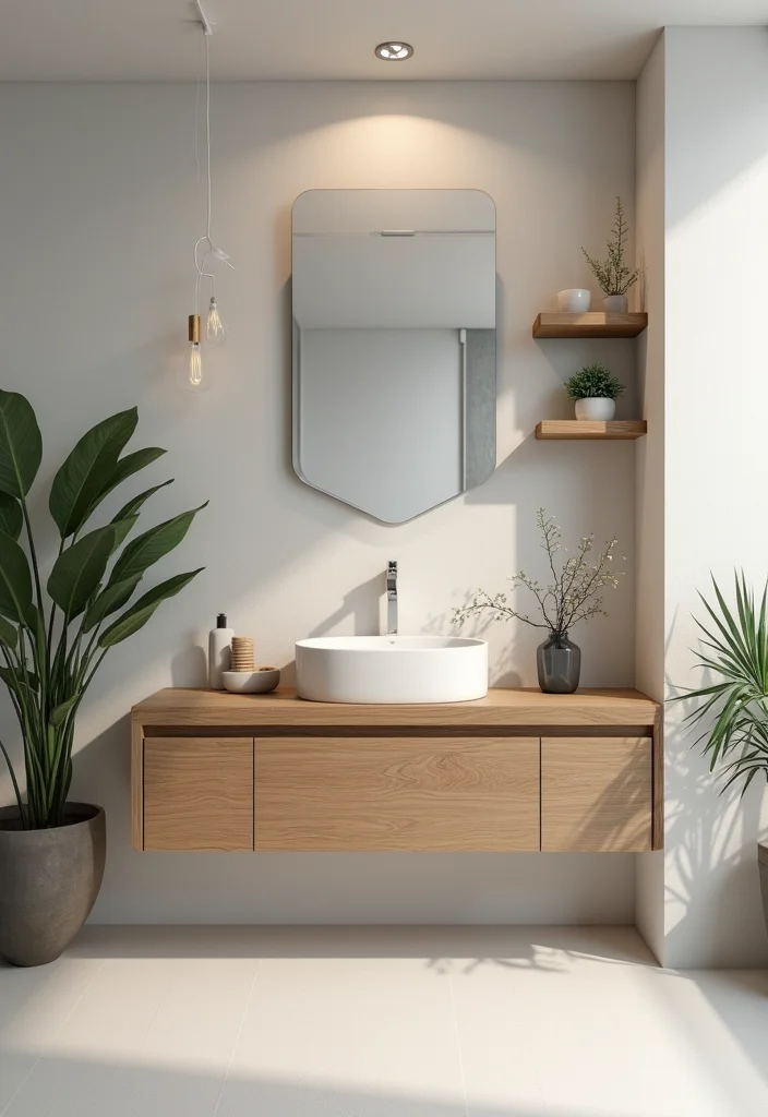 14 Timber Vanity Bathroom Ideas With Organic Texture - 1. Minimalist Timber Vanity with Floating Shelves