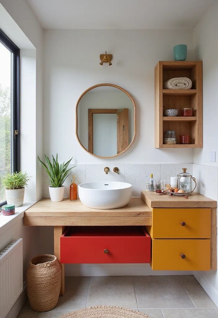 14 Timber Vanity Bathroom Ideas With Organic Texture - 10. Timber Vanity with a Pop of Color