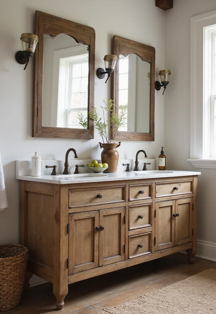 14 Timber Vanity Bathroom Ideas With Organic Texture - 11. Timeless Farmhouse-Style Timber Vanity