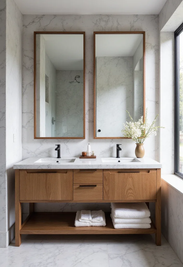 14 Timber Vanity Bathroom Ideas With Organic Texture - 12. Elegant Vanity with Marble and Timber Combo