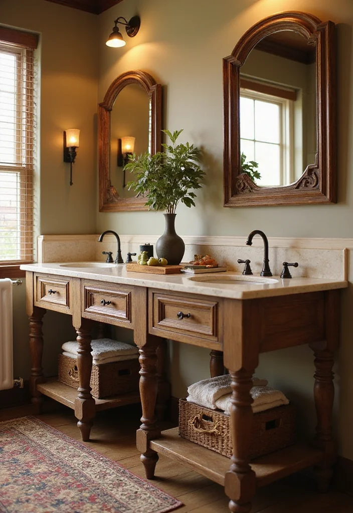 14 Timber Vanity Bathroom Ideas With Organic Texture - 5. Vintage-Style Timber Vanity with Turned Legs
