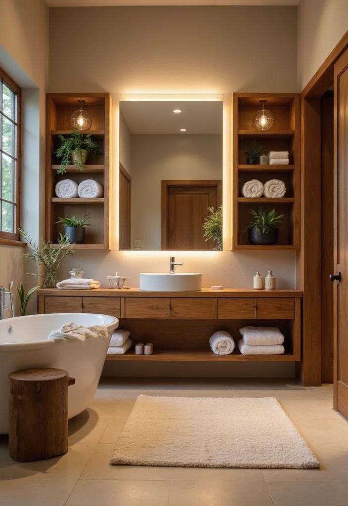 14 Timber Vanity Bathroom Ideas With Organic Texture - 6. Open Shelf Timber Vanity for a Spa-Like Feel