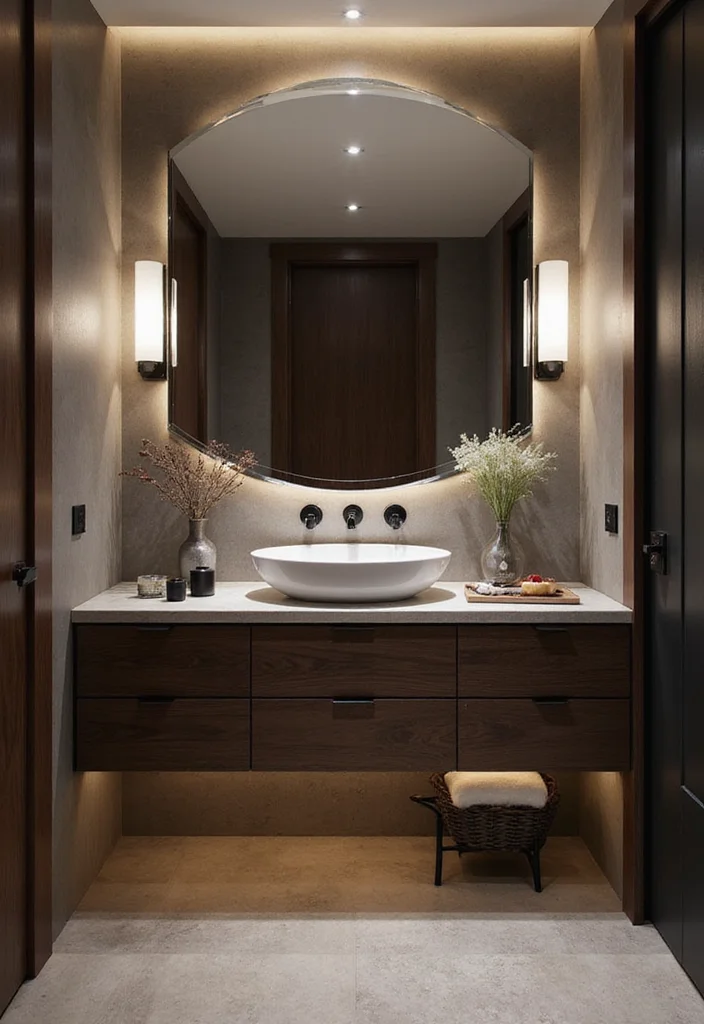 14 Timber Vanity Bathroom Ideas With Organic Texture - 7. Bold and Dark Timber Vanity with Contrasting Accents