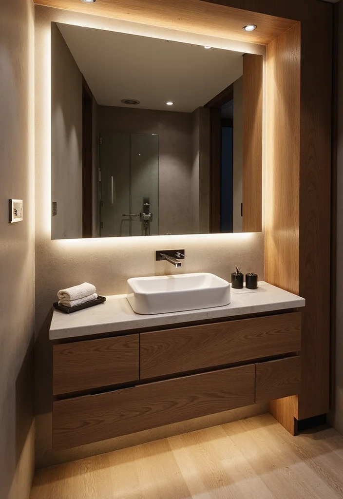 14 Timber Vanity Bathroom Ideas With Organic Texture - 8. Timber Vanity with Integrated Lighting