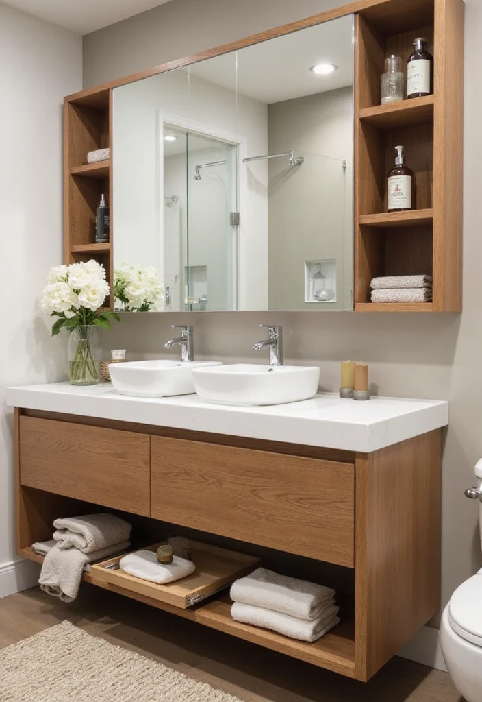 14 Timber Vanity Bathroom Ideas With Organic Texture - 9. Creative Bathroom Storage Solutions with Timber