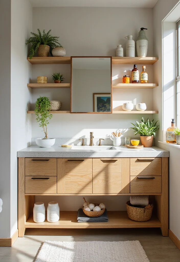 14 Wooden Vanity Bathroom Ideas For Warm Interiors - 14. Open Shelving Wooden Vanity
