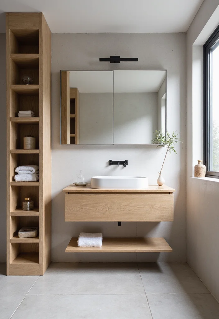 14 Wooden Vanity Bathroom Ideas For Warm Interiors - 4. Floating Wooden Vanity for Space Efficiency