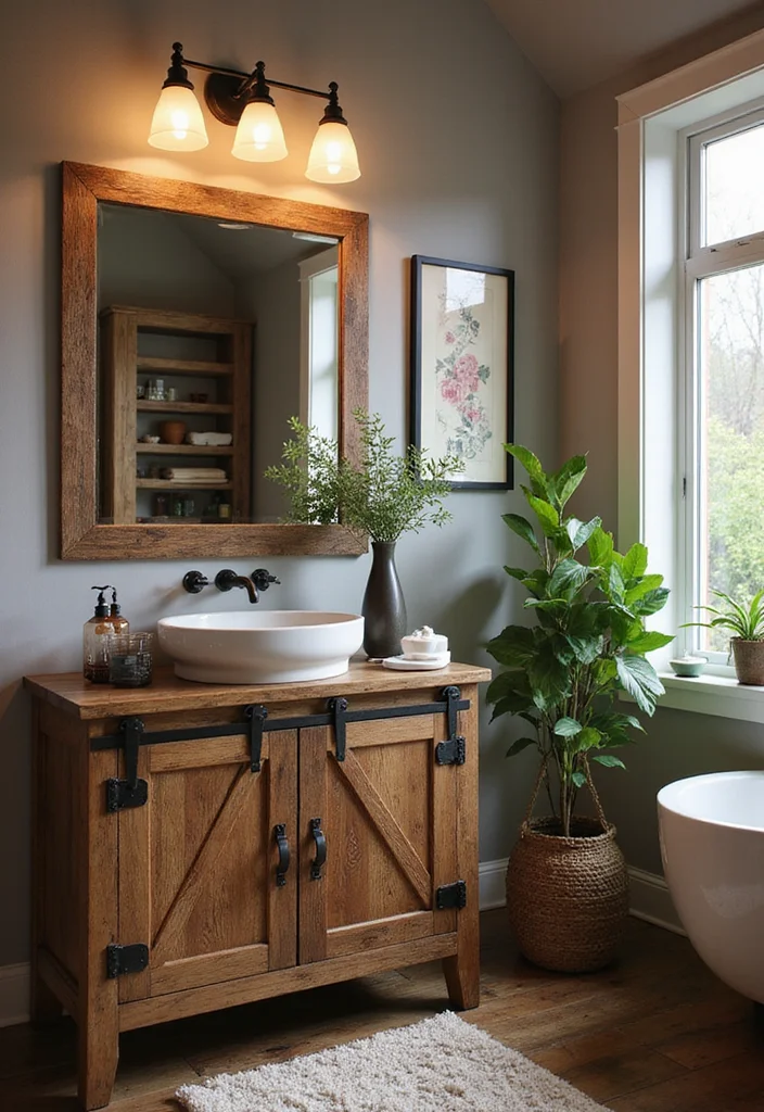 14 Wooden Vanity Bathroom Ideas For Warm Interiors - 5. Rustic Chic with Barn Door Vanity
