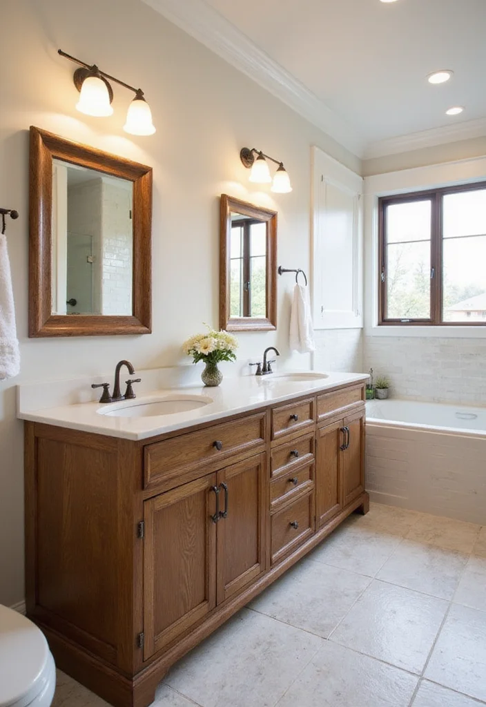 14 Wooden Vanity Bathroom Ideas For Warm Interiors - 8. Dual Sink Wooden Vanity for Family Bathrooms