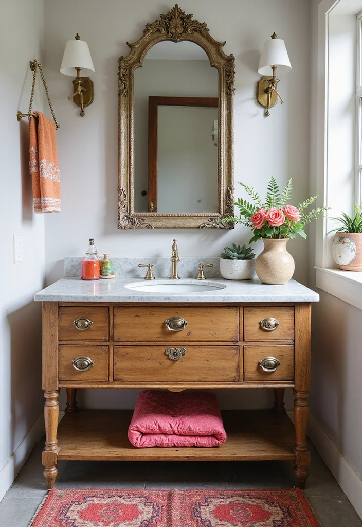 14 Wooden Vanity Bathroom Ideas For Warm Interiors - 9. Vintage Mixed Material Vanity