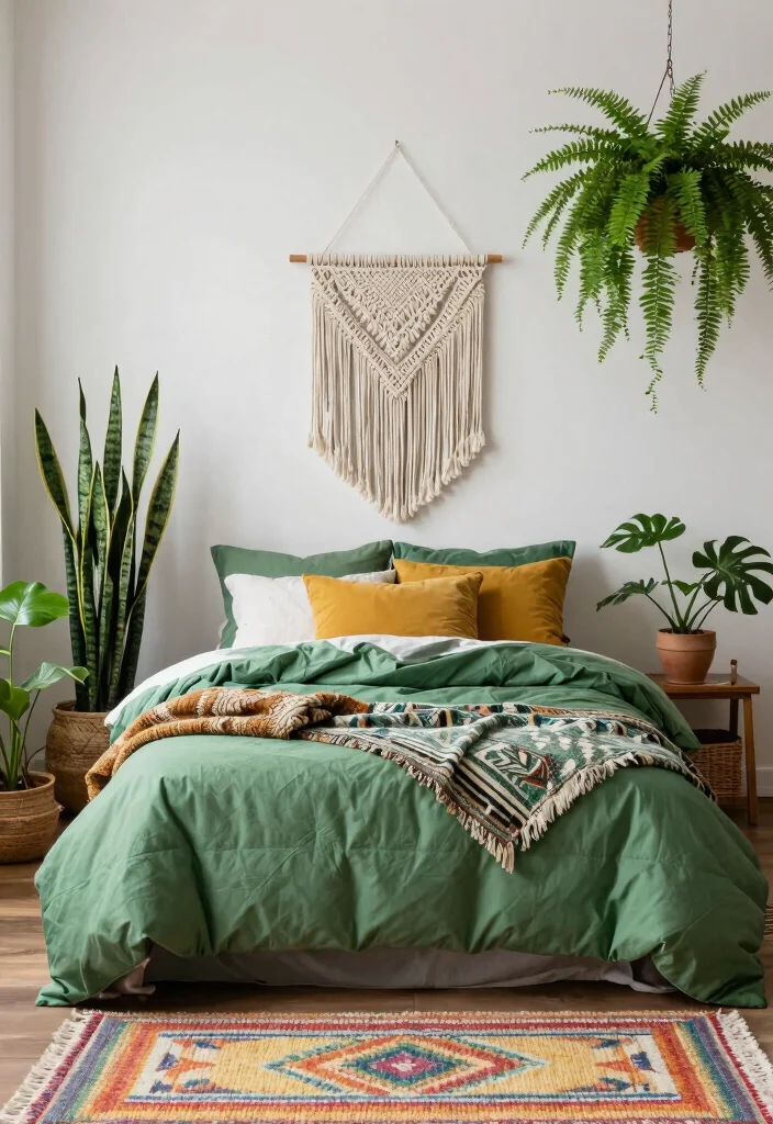 15 Green and Mustard Bedroom Ideas: Warm Trendy Contrast - 1. Bohemian Bliss 1