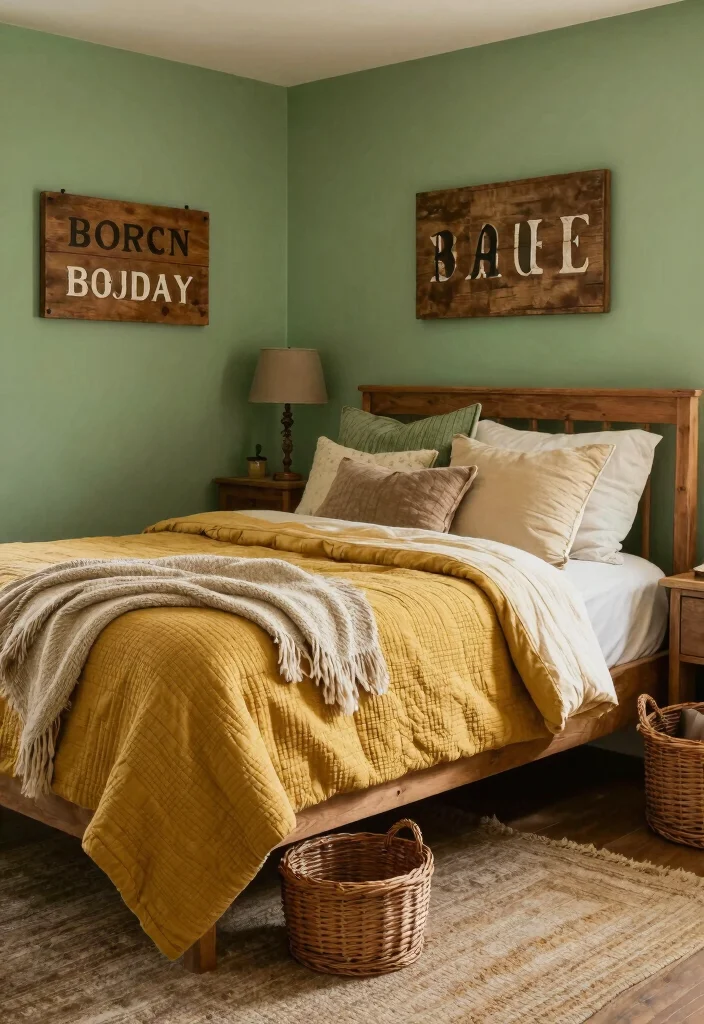 15 Green and Mustard Bedroom Ideas: Warm Trendy Contrast - 10. Farmhouse Fresh 1