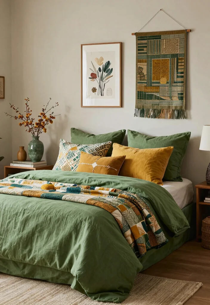 15 Green and Mustard Bedroom Ideas: Warm Trendy Contrast - 12. Artistic Layering 1