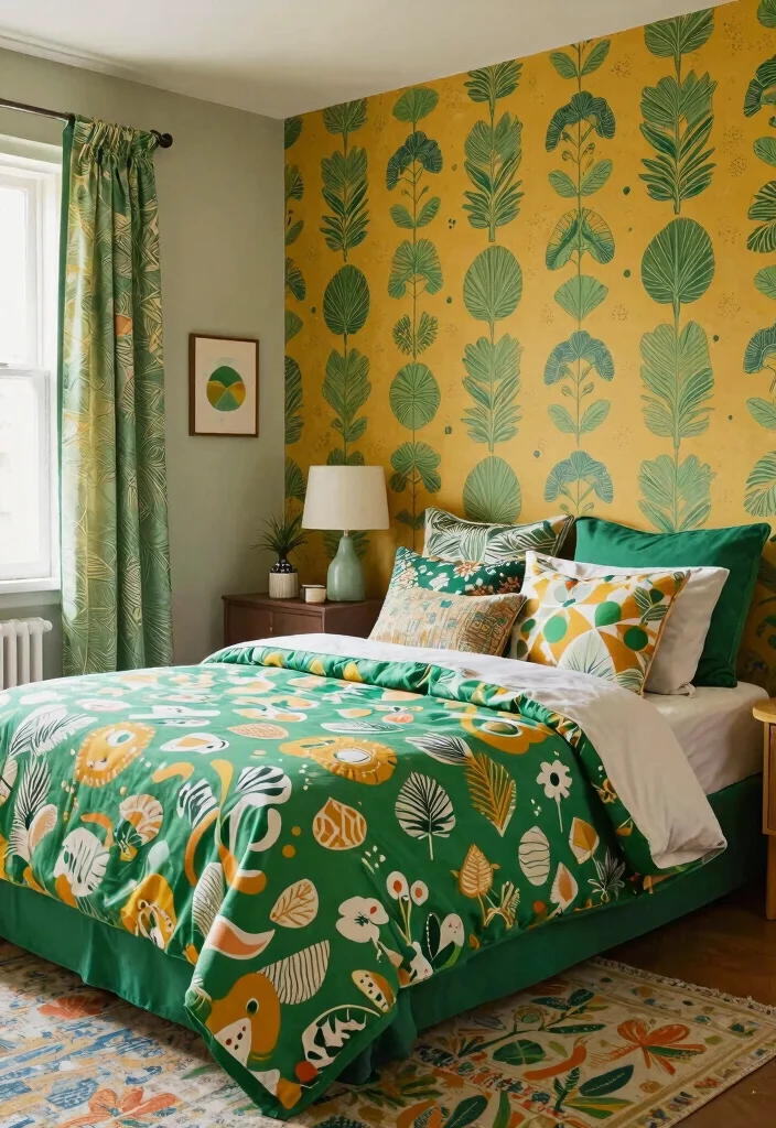 15 Green and Mustard Bedroom Ideas: Warm Trendy Contrast - 13. Playful Patterns 1