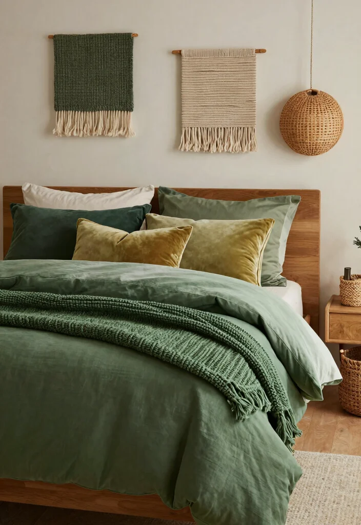 15 Green and Mustard Bedroom Ideas: Warm Trendy Contrast - 14. Textured Serenity 1