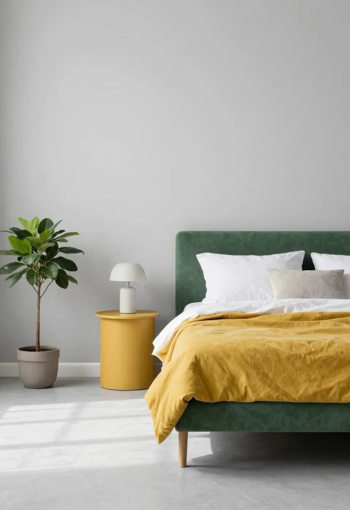 15 Green and Mustard Bedroom Ideas: Warm Trendy Contrast - 2. Minimalist Marvel 1
