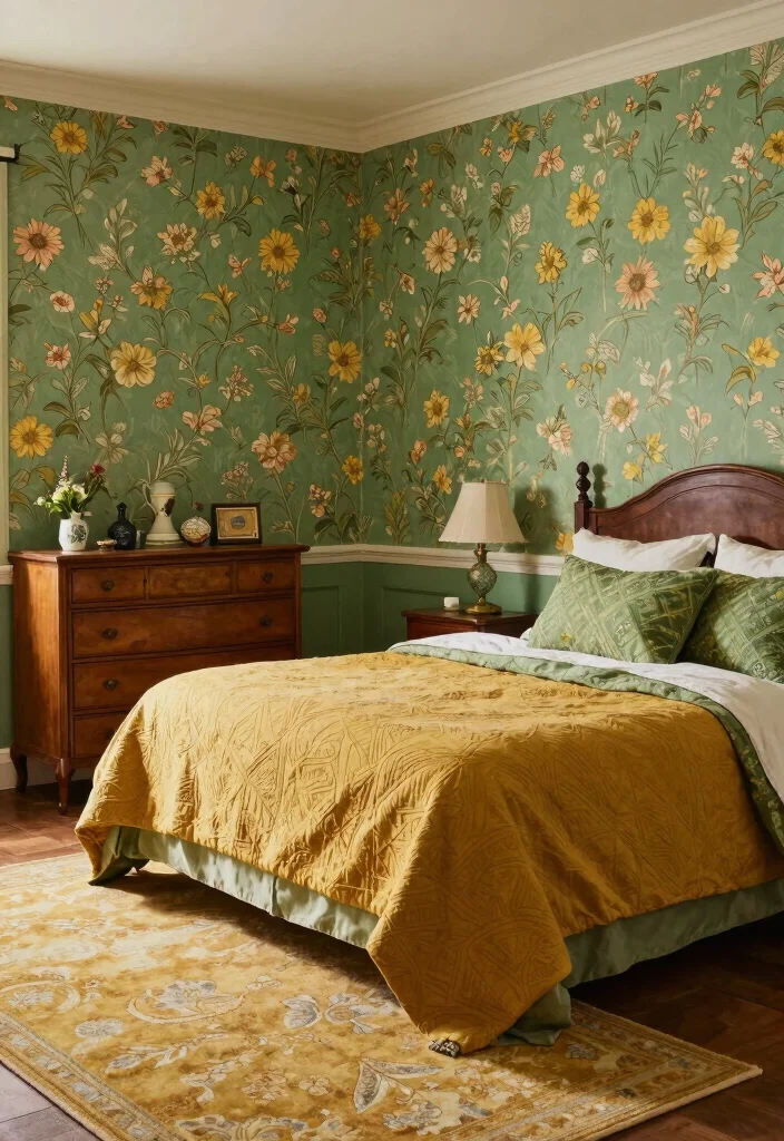15 Green and Mustard Bedroom Ideas: Warm Trendy Contrast - 3. Vintage Vibes 1