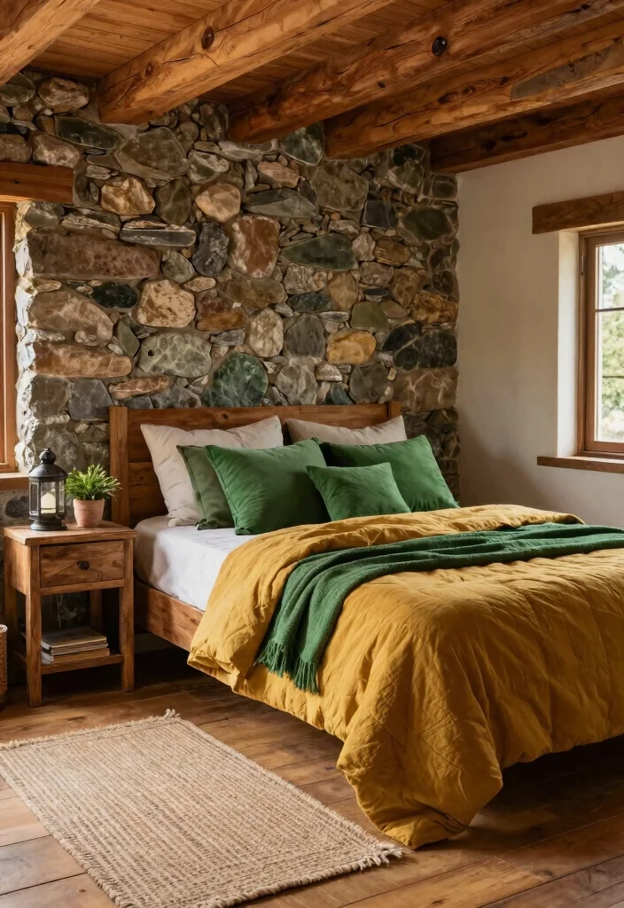 15 Green and Mustard Bedroom Ideas: Warm Trendy Contrast - 5. Cozy Cabin Retreat 1