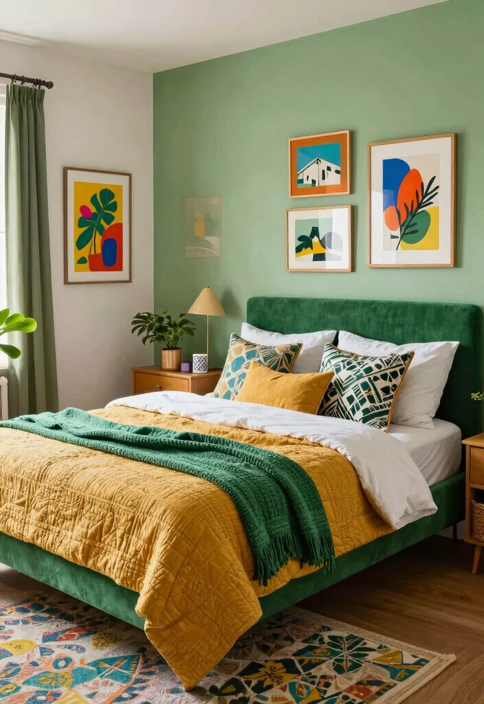 15 Green and Mustard Bedroom Ideas: Warm Trendy Contrast - 6. Eclectic Mix 1