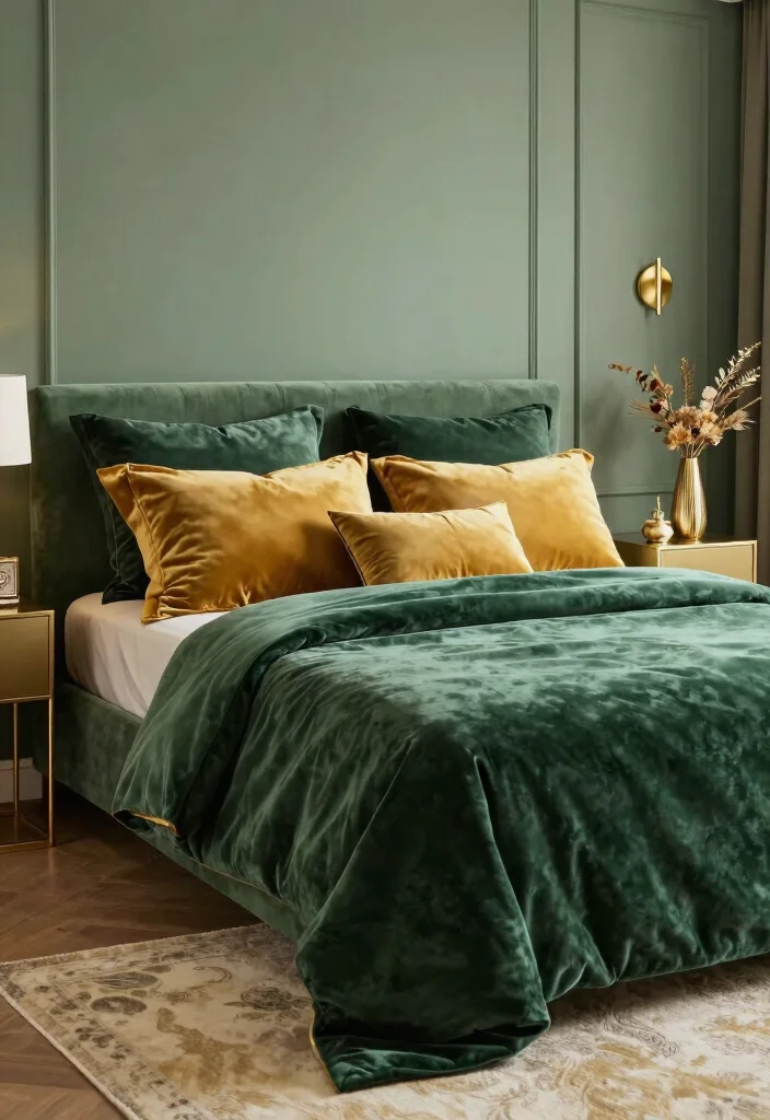 15 Green and Mustard Bedroom Ideas: Warm Trendy Contrast - 7. Luxurious Lair 1