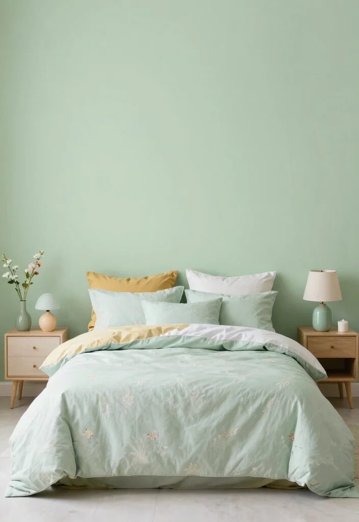 15 Green and Mustard Bedroom Ideas: Warm Trendy Contrast - 8. Soft Pastel Charm 1
