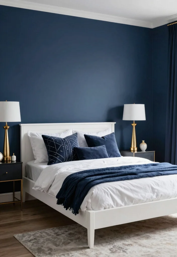 16 Bedroom Color Palette Ideas That Feel Calm and Stylish - 12. Deep Navy and White 1