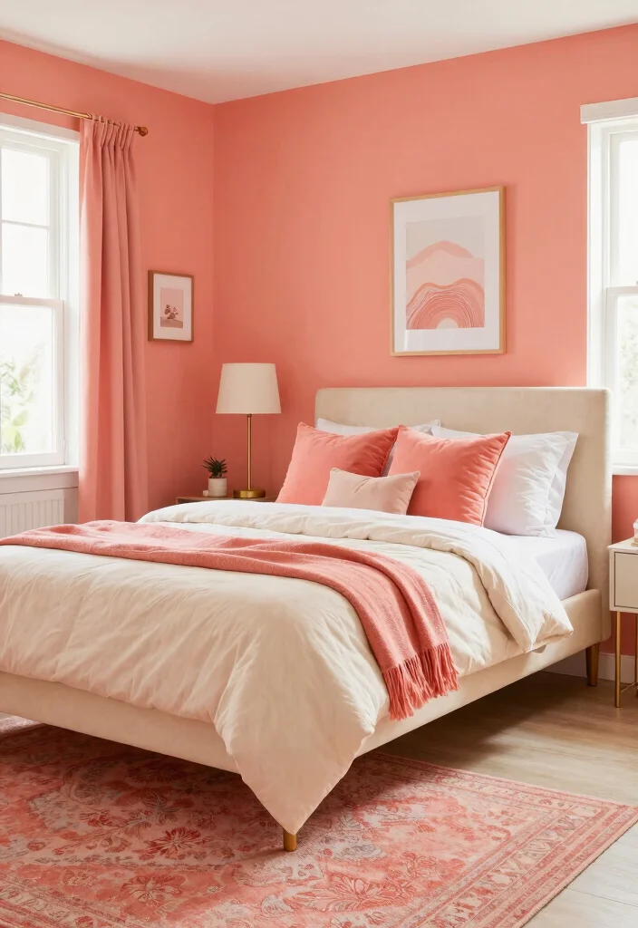 16 Bedroom Color Palette Ideas That Feel Calm and Stylish - 13. Soft Coral and Cream 1