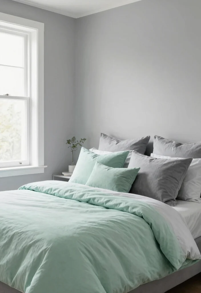 16 Bedroom Color Palette Ideas That Feel Calm and Stylish - 16. Soft Grey and Mint Green 1