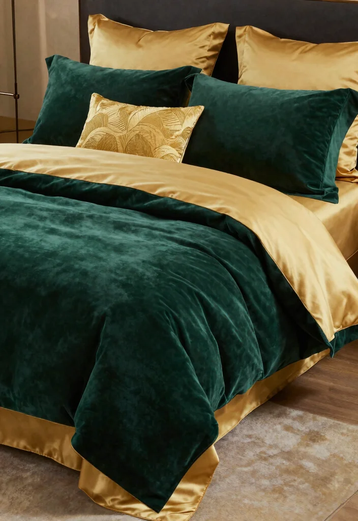 16 Dark Green and Gold Bedroom Ideas Rich and Luxurious - 1. Luxurious Velvet Bedding 1