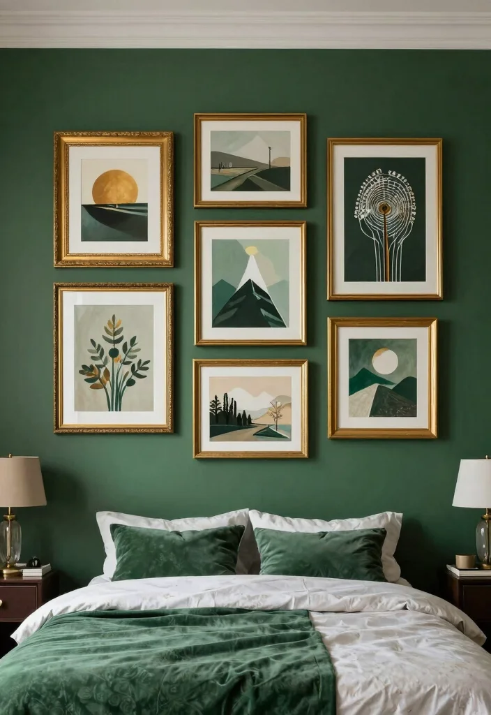 16 Dark Green and Gold Bedroom Ideas Rich and Luxurious - 5. Gold-framed Artwork 1