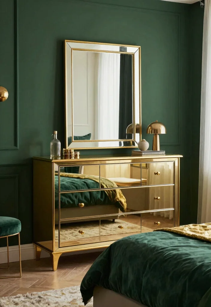 16 Dark Green and Gold Bedroom Ideas Rich and Luxurious - 8. Gold Mirrored Furniture 1